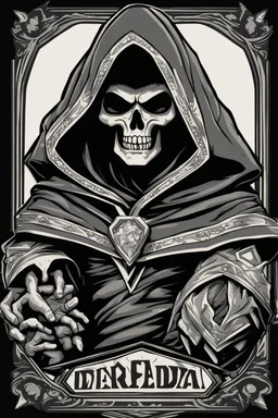 inside a diamond shape, skeletor motu in a black hooded cloak drawn in a retro cartoon style, in a diamond shape on a black background, monochromatic