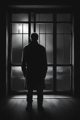 lone man in front of window, black and white, red colour, night, fantasy style