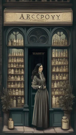 apothecary shop front with a dark haired woman looking in