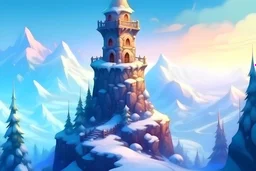 Cartoon Fantasy magic tower in the Winter Mountains