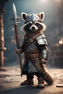 portrait of cute fast historic strong viking racoon with horned viking helmet & boots holding ornate viking sword in fallout 4 setting, bokeh, downlight, prize winning, depth of field, in the style of ivo caprino