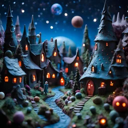 Detailed creepy landscape made of modeling clay, fairy tale, people, village, stars and planets, Roger Dean, naïve, Tim Burton, strong texture, Ernst Haekel, extreme detail, Max Ernst, decal, rich moody colors, sparkles, bokeh, odd, giant boy as a background