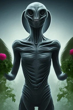 running alien portrait , black jogging suite , in the night Alps , holding leaves and flowers , angels background, volumetric light, high detail, dark leaf tree, dark mountains in background, perfect, HR Giger style