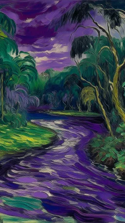 A purple jungle with a toxic river painted by Claude Monet