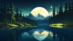 summer night, Boreal Forest,lake, valley,moonlight,low poly,reflections,dramatic scene