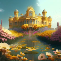 A very large palace made of flowers with a yellow river