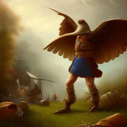 a peasant fighting a giant bird