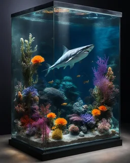 Beast Shark fish swimming in glass box underwater aquarium on a display,glass flowers, high quality product image ,coral reef, flora and fauna, cosmic nebula, dark background christian dior style, with frozen flowers around her, stunning-design, beutifull, side profile artwork, glass paint, multicoloured, displayed, backlight