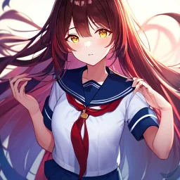 Clear focus,High resolution, Vibrant Red long straight hair, and yellow eyes, wearing a Sailor uniform