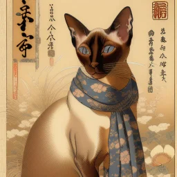 Vintage Japanese art style portrait of a chocolate point Oriental shorthair Siamese cat, inspired by Ukiyo-e prints, elegant smooth fur with soft white highlights, intricate chocolate and muted tan patterns within the fur, deep [COLOR], bold blue scarf around neck, aged beige background with traditional [COLOR] and black calligraphy, delicate brush textures, muted earthy palette, subtle antique atmosphere." "Sho Hotei" 寿 ホテイ (Jū Hotei) in Japanese.