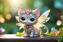 Coloured glass cute chibi cat fairy in the garden set with gemstones, glittering metal stems and gemstone leaves on a room table sharp focus elegant extremely detailed intricate very attractive beautiful dynamic lighting fantastic view crisp quality exquisite detail gems and jewels S<AI in sunshine Weight:1 Professional photography, bokeh, natural lighting, canon lens, shot on dslr 64 megapixels sharp focus Weight:0.9