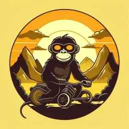 Monkey riding a mopped with sunglasses and a big smile, have a mountain sunset on the background, make a round logo, make the color brown