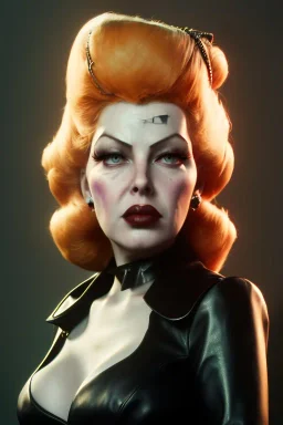 Lana Turner as evil queen in black leather, leather, busty, cleavage, angry, stern look. character design by cory loftis, fenghua zhong, ryohei hase, ismail inceoglu and ruan jia. unreal engine 5, artistic lighting, highly detailed, photorealistic, fantasy