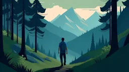 a men wearing half blue pant walking in open forest in between of mountains game graphics