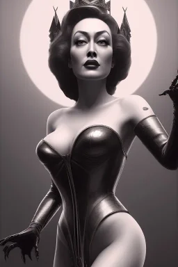 Joan Crawford as evil queen in black leather, busty, cleavage, dominatrix, curvy, angry, stern look. character design by cory loftis, fenghua zhong, ryohei hase, ismail inceoglu and ruan jia. unreal engine 5, artistic lighting, highly detailed, photorealistic, fantasy