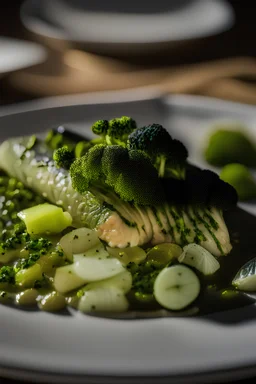 Film still in the style of a 2020s cooking programme, close up of a plate of food consisting of sea bass fillets sitting on a bed of broccoli with a few capers. Natural light, global illumination, uplight f/1.8