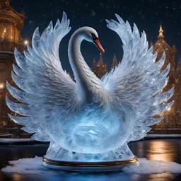 ICE sculpture representing a finely chiseled fantastical swan in dynamic pose, High-quality photo shot on Kodak gold 400, hyperdetailed dynamic lighting, beautiful nighttime winterfest background, intricate filament textures, baroque design details, expansive, grand, ultra-detailed, 3d octane render, opulent detail, rule of thirds, by Darren Jackson