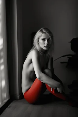 Fine art photography. Artistic photo of a young blond Polish wearing only string and red tights woman taken with a Mamiya M645 camera with a portrait lens on classic Ilford medium-format film, contrast light, high-key