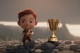 Boy character with creative trophy with his hand like winner