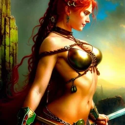 portrait 'beautiful Sexy Busty RedSonja',braided long hair,horned helmet, celtic tattoed,crystal clear green eyes,painting by gaston bussiere, greg rutkowski, yoji shinkawa, yoshitaka amano, tsutomu nihei, donato giancola, tim hildebrandt, oil on canvas, cinematic composition, extreme detail,fit full head inside picture,32k