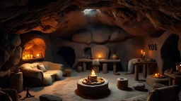 204, Inside a luxury ancient Neanderthal cave dwelling underground, beautiful furs, stone furniture, oil lamps, food and drink, primitive affluence, chiaroscuro, color, award-winning colour photograph, beautiful composition, detailed, realistic, confident beauty, strange, primitive luxury