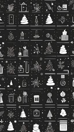 minimalist, wallpaper design, black background, dark, small Christmas stamp like illustrations