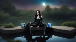 fantasy photo of a woman with black hair, sitting on a ledge over a pond, wearing an android-looking catsuit, sideways, with a planet behind her head