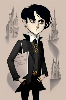 black haired young man wizard with gothic jewelry in the style of charles addams