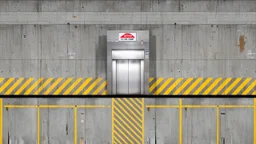 wall design for parking garage, concrete, yellow marking lines, hazard lines, weathering and water stains, realistic elevator doors in middle. a sign is above the elevator doors. rough painted hashmarks and parking lines