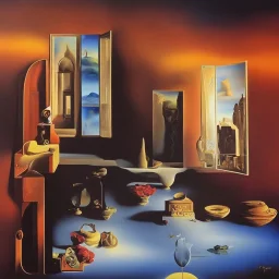 I am old but I’m beautiful, the shadow coming down from the depths of the windows,surrealism Salvador Dali matte background melting oil on canvas