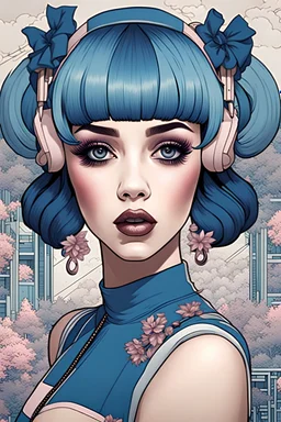 singer Melanie Martinez face, beautiful cyberpunk huge girl, hyperdetailed, illustration by Katsushika Hokusai, darkblue tones,