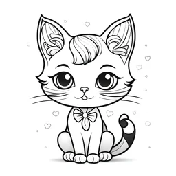 cute miss cat, black and white, white background, clean lines, coloring page for kids