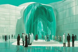 a group of people outside a futuristic gothic_arab glass gate in a turquoise wall by artist "Zaha Hadid",by artist "Richard Dadd", highly detailed