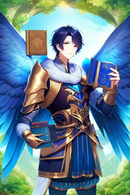 a person in runic armor with blue wings, blue short hair, runic tattoo and spell book, male