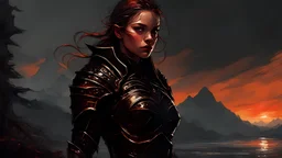 A formidable warrior girl in black armor, on the background Amazing gloomy landscape, flooded with sunset, mountains, trees, fabulous scary hero, , juicy emotions, painting, dark fantasy, gloomy day, dark world, portrait, by Alyssa Monks & Raymond Swanland & James Paick & Anna Razumovskaya