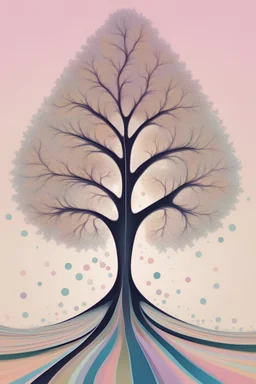 A stylized mandelbrot fractal tree with racing stripes going up its trunk that has pointy variegated pastel POLKA DOTTED leaves