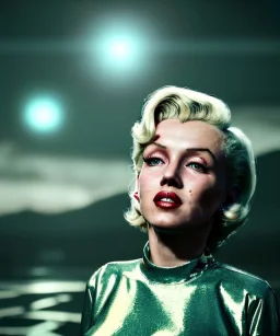 Ultra Realistic retro sci-fi 1960 scene, waist up view portrait, blonde woman, sweet young Marilyn Monroe face, perfect iris, tight latex coat, Strange planet background, Retro sci-fi style glass helmet, sphere dron, fog, rain, soft color, highly detailed, unreal engine 5, ray tracing, RTX, lumen lighting, ultra detail, volumetric lighting, 3d, finely drawn, high definition, high resolution.