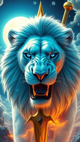 The face of a powerful white lion with roaring blue eyes and a large full sun and a golden sword behind its head in a beautiful and amazing view and psychedelic atmosphere.