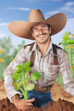 cowboy happy with plants growing in soil