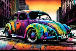 create an abstract, vibrantly colored woodcut of battered and beaten Volkwagen beetle rat rod with highly detailed and deeply cut features, lost in a horrific post apocalyptic world, in the style of KATHE KOLLWITZ , searing lines and forceful strokes