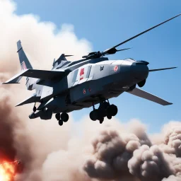 [wii No More Heroes style with thick lines] the helicopter version of the Macross iconic VF-1S Valkyrie in live-action, launching smart bombs with tracing smoke while flying