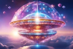 a cosmic beautiful DISH SPACESHIP made of crystals and light is flyng INA MAGIC BRIGHT SKY OF A GALAXY. IT IS PASSED BY A VERTICAL SHINE FROM TOP TO BOTTOM. IT'S FLYNG ON A FAIRY Landscape