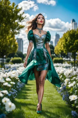 fullbody girl makeup wearing a dark green-silver victorian short dress walking in moder city of 2040 park ,flowers ,pretty clouds in blue sky,city escape.