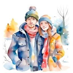 влюбленная пара зимой молодые нарисованы акварелью