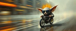 master oil painting by Rembrandt, the tilted quilter,glasses and ticks, cyberpunk imagery synchronized stylized fluffy gremlin with wolf rat aura laying low with drumming kit flat power trike , wet reflective salt flat city, fast motion blur background