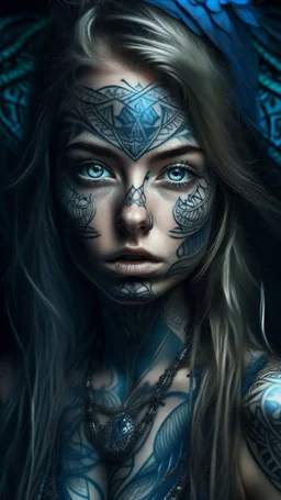 Super detailed digital art masterpiece, beautiful mystical amazon girl, preparing for a ritual, in tattoo natural face without makeup, gothic style clothing, detailed clothing , big realistic beautiful eyes, shiny eyes, ultra atmospheric details, beautiful facial proportions, super detailed skin textures, complex masterpiece, beautiful proportions, wild messy hair, beautiful tattoos cover the whole body and face of the girl, natural special effects, complex physics, ultra realistic body proporti