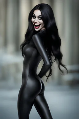 inspired by all the works of art in the world - laughing - Millie Miller, an extremely tiny, thin, voluptuous beautiful mickey mouse-faced vampire werewolf female with long, black hair, full body image, wearing a skinsuit, Absolute Reality, Reality engine, Realistic stock photo 1080p, 32k UHD, Hyper realistic, photorealistic, well-shaped, perfect figure, a multicolored, watercolor stained, wall in the background, hickory dickory Clock