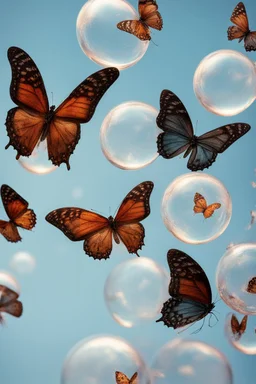 Butterflies in bubble blown up to the sky