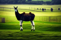 A happy llama stands in a pasture.