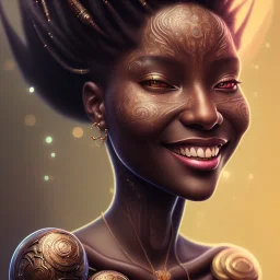 Portrait of black woman, smiling, sango fantasy, fantasy magic, intricate, sharp focus, illustration, lot's of grain on the skin, tribal tatoos,highly detailed, digital painting, concept art, matte, masterpiece, one head, high key lighting, volumetric light high details psychedelic background